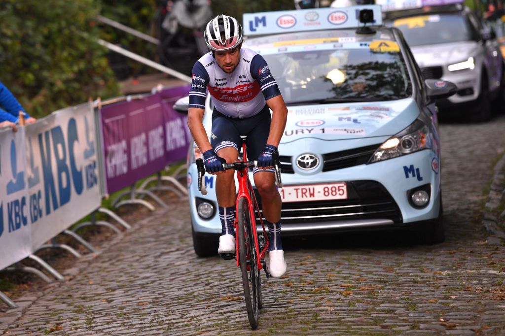 OUDENAARDE BELGIUM OCTOBER 18 Kiel Reijnen of The United States and Team Trek Segafredo Cobblestones during the 104th Tour of Flanders 2020 Ronde van Vlaanderen Men Elite a 2433km race from Antwerpen to Oudenaarde RVV20 FlandersClassic on October 18 2020 in Oudenaarde Belgium Photo by Luc ClaessenGetty Images