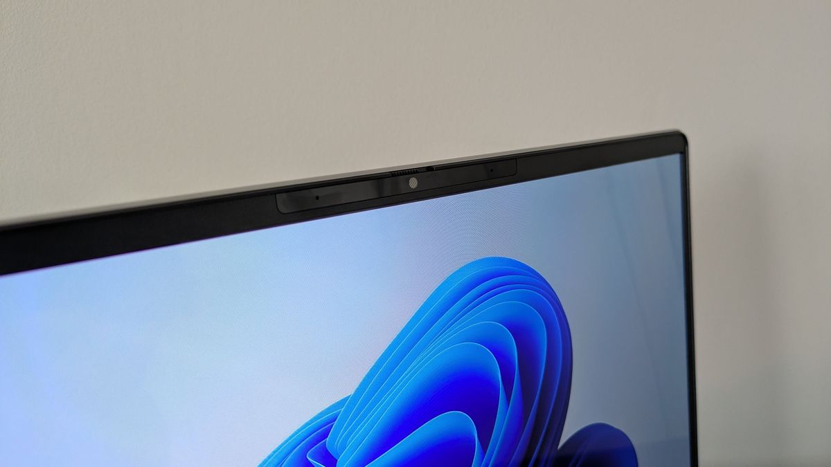 Close-up of webcam on HP OmniBook 7 14-inch with white wall in background