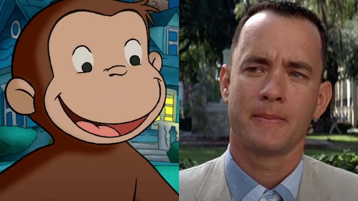 Side by side of curious george and tom hanks as forrest gump.