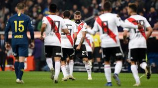 River Plate players celebrate a goal against Boca Juniors in the 2018 Copa Libertadores final.