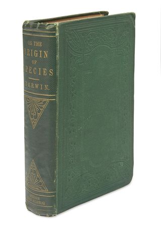 This copy of Charles Darwin's famous "On the Origin of Species" published in 1859 is valued around $25,000.