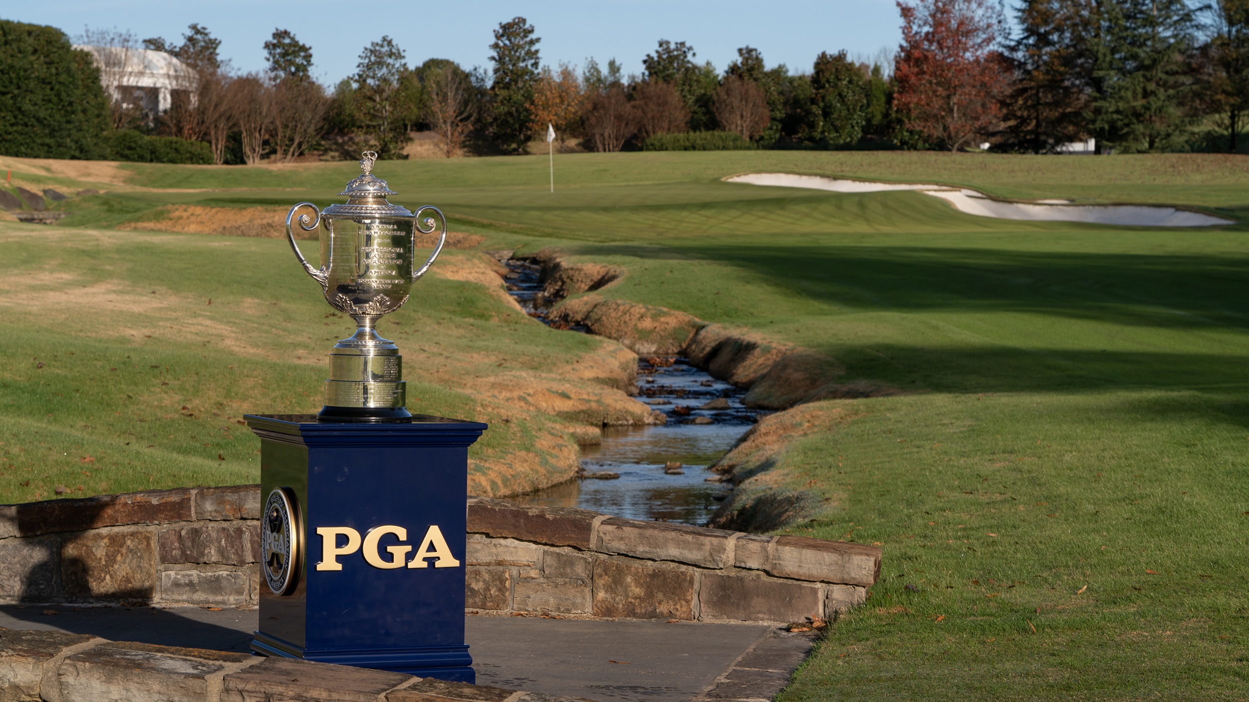 The 18th hole at Quail Hollow, hosting the 2025 PGA Championship