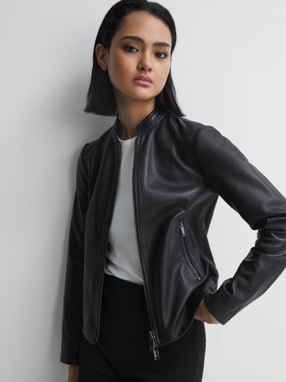 Allie Leather Collarless Biker Jacket