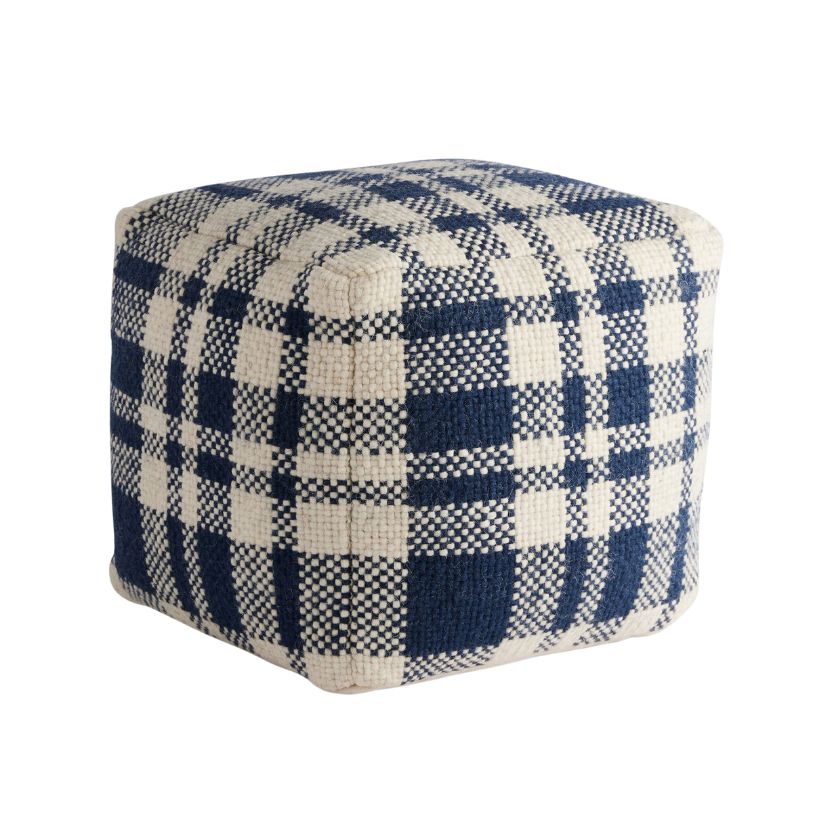 Rejuvenation, Plaid Wool Pouf in Seaview Navy