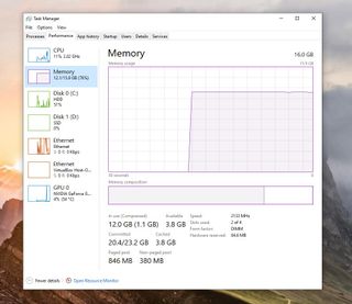 Windows 10 Task Manager showing Memory management tab