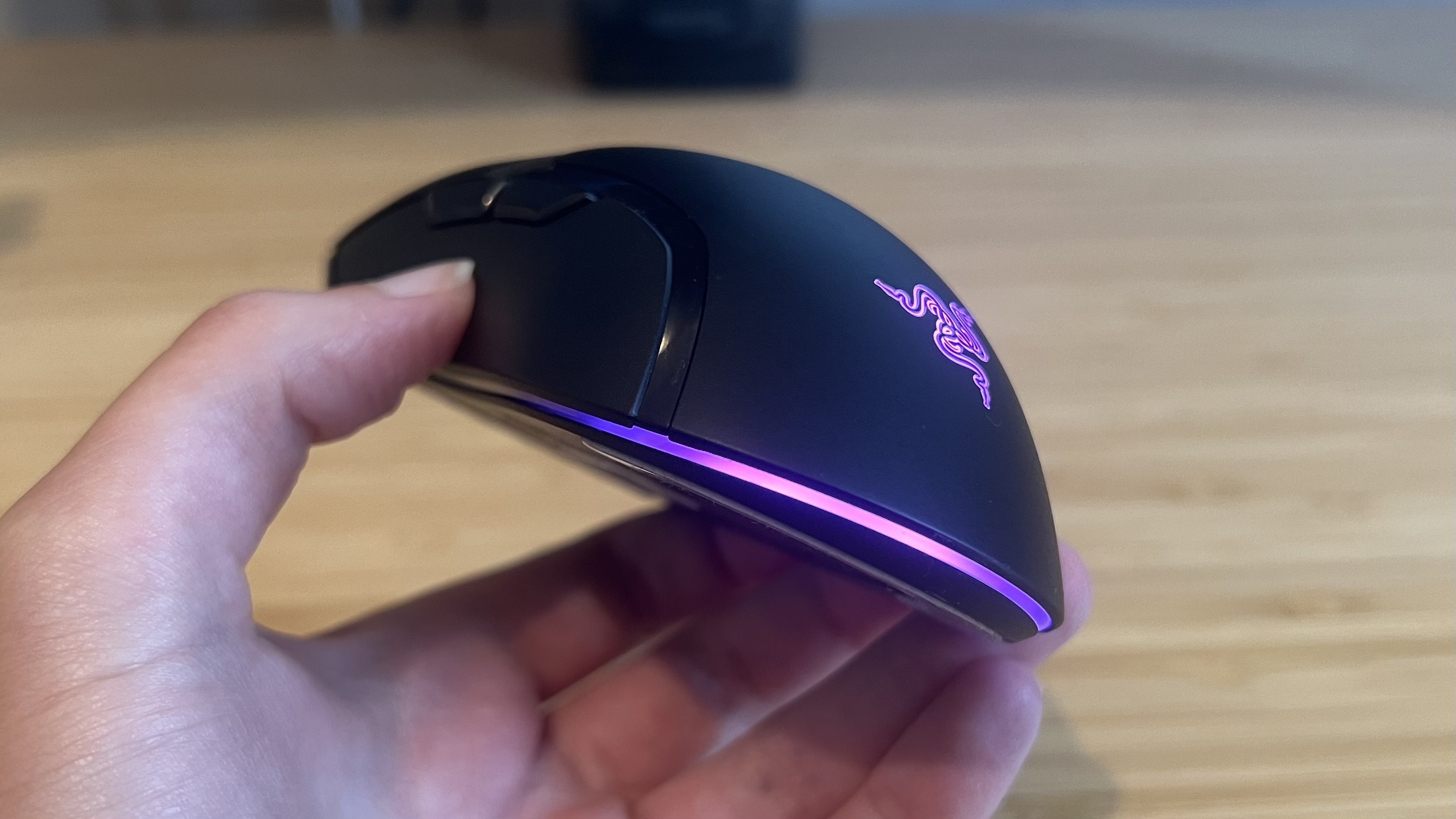 Close up on RGB underglow on Razer Cobra Hyperspeed gaming mouse