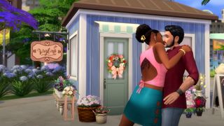 A couple kiss in The Sims 4