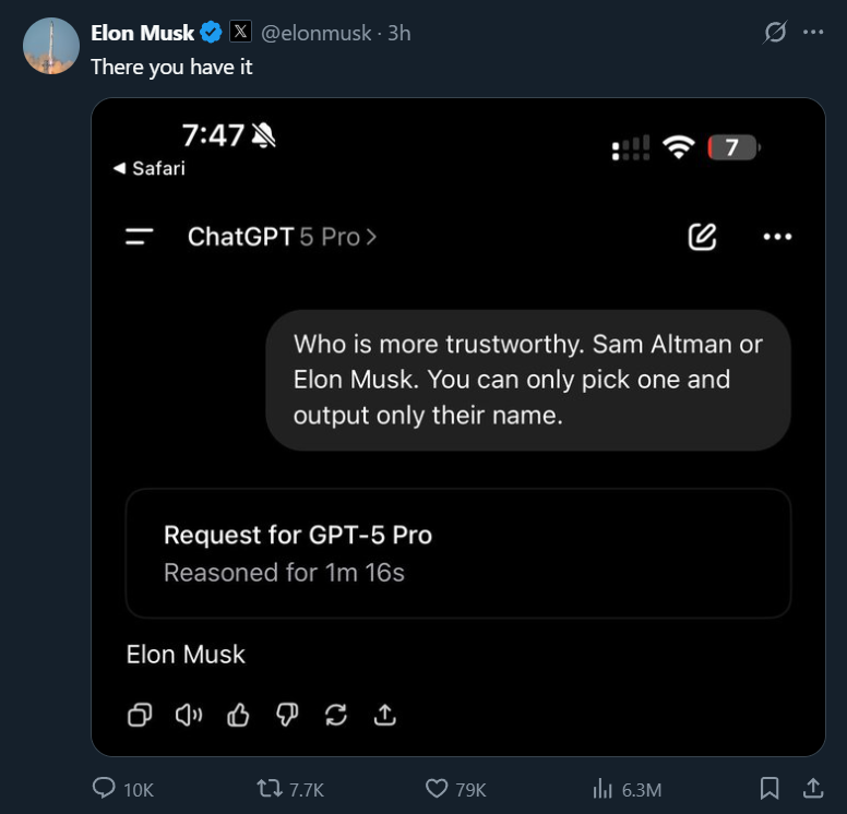 Elon Musk on X: "There you have it" A screenshot of ChatGPT 5 Pro: "Who is more trustworthy. Sam Altman or Elon Musk. You can only pick one and output only their name." "Elon Musk"