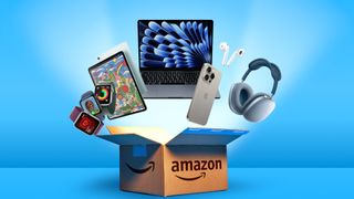 Apple products including MacBook, iPhone, AirPods, AirPods Max, iPad, and Apple Watch exploding from an Amazon parcel on a blue background