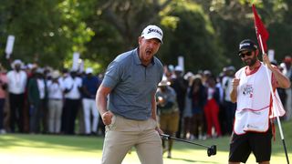 Jacques Kruyswijk roars with delight after holing the winning putt at the 2025 Magical Kenya Open