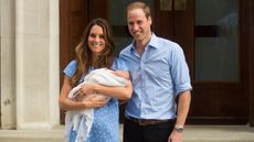 Catherine, Princess of Wales and Prince William leave The Lindo Wing of St Mary's Hospital with their newborn son Prince George at St Mary's Hospital on July 23, 2013
