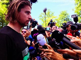 Peter Sagan speaks to the media before heading home fom the Tour de France