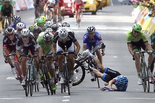 Andrew Talansky crashes on stage seven of the 2014 Tour de France