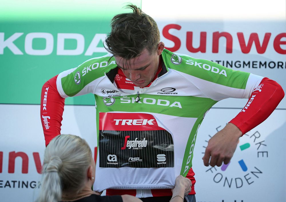 Mads Pedersen on on the Tour of Denmark podium after winning stage 3