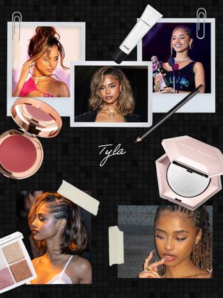 Collage of Tyla with makeup products