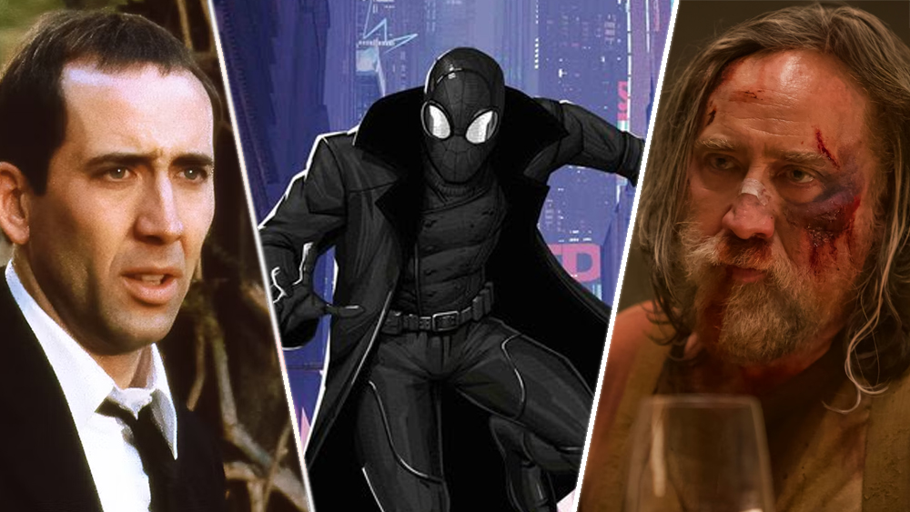 Nic Cage in (L to R): Face/Off, Spider-Man: Into The Spider-Verse, Pig