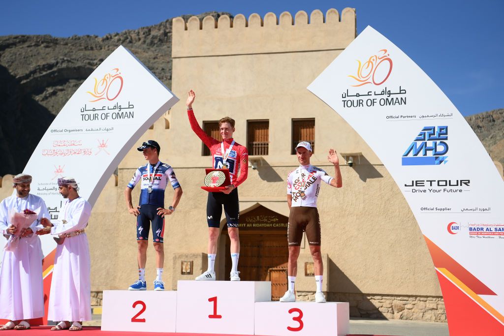 JABAL AL AKHDHAR OMAN FEBRUARY 15 LR Mauri Vansevenant of Belgium and Team Soudal Quick Step on second place race winner Matteo Jorgenson of The United States and Movistar Team Red Leader Jersey and Geoffrey Bouchard of France and Ag2R Citroen Team on third place pose on the podium ceremony after the 12th Tour of Oman 2023 Stage 5 a 1522km from Samail to Jabal Al Akhdhar 1214m TourofOman on February 15 2023 in Jabal Al Akhdhar Oman Photo by Alex BroadwayGetty Images
