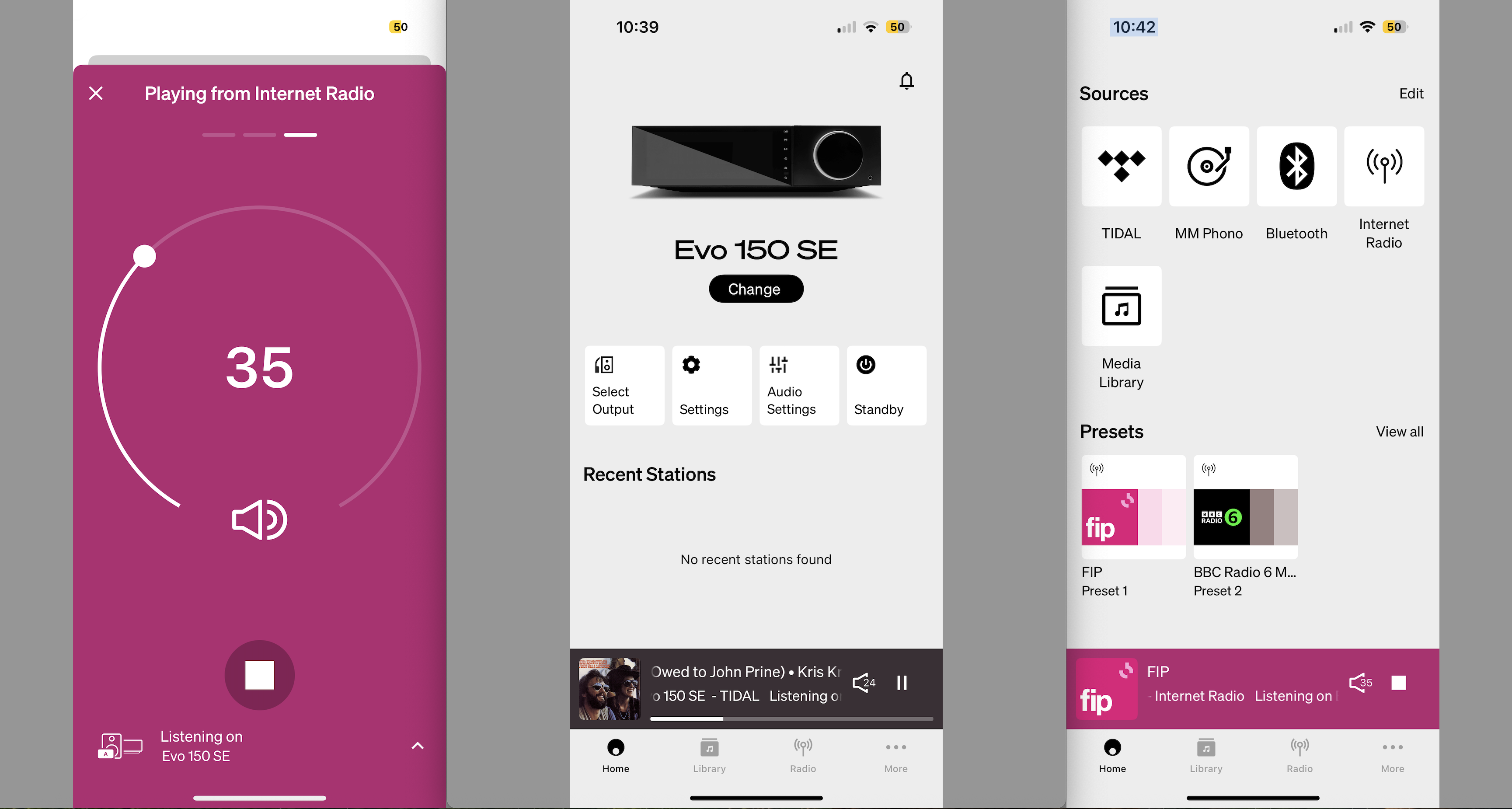 A triple screen-grab of Cambridge Evo 150 SE's companion app, showing various features and support