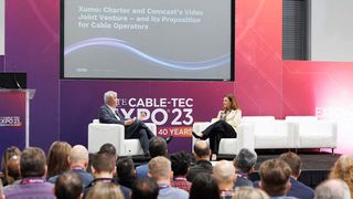 Xumo president Marcien Jenckes and Charter SVP, video Robyn Tolva at Cable-Tec Expo.
