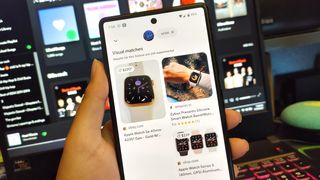 Google Lens image search combined with text search on the Google Search app on a Pixel 6 phone held in hand
