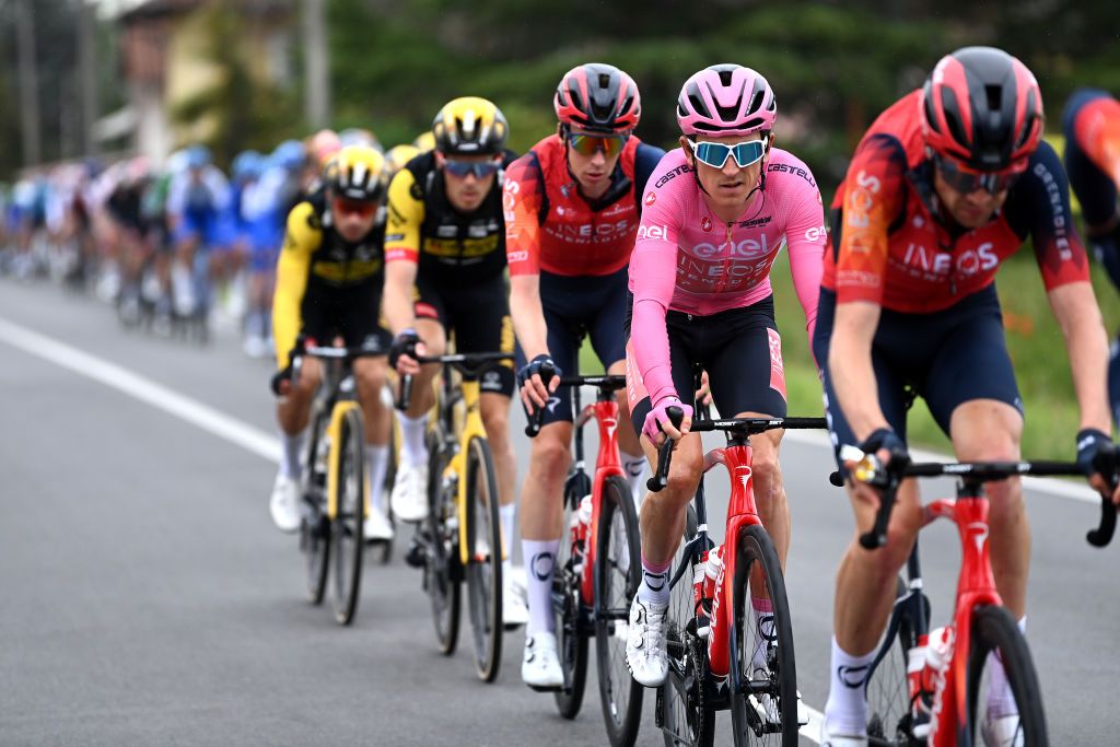 RIVOLI ITALY MAY 18 Geraint Thomas of The United Kingdom and Team INEOS Grenadiers Pink Leader Jersey competes during the 106th Giro dItalia 2023 Stage 12 a 185km stage from Bra to Rivoli UCIWT on May 18 2023 in Rivoli Italy Photo by Tim de WaeleGetty Images