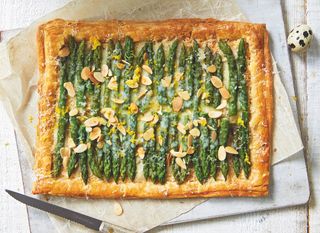 Asparagus Tart with Brie and Black Olive Dressing