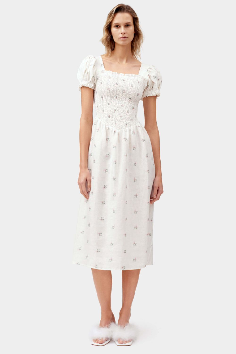 Best Floral Dresses: Sleeper Belle Linen Dress in Bouquets