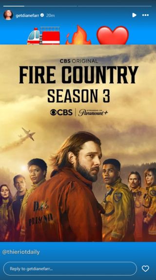 Diane Farr posts Fire Country poster with fire truck, fire and red heart emoji.