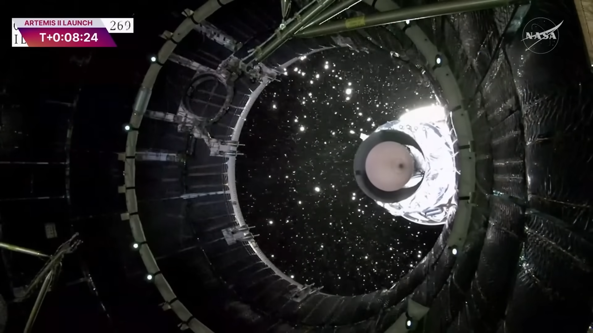 The Orion capsule separates from the rocket's core stage.