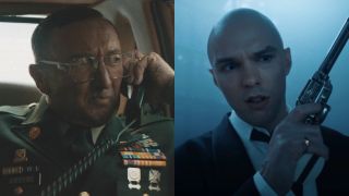 Ralph Ineson takes a phone call in his car in The Creator, pictured next to Nicholas Hoult wielding a gun in a pocket universe in Superman.