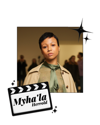 Myha’la Herrold in a khakhi jacket