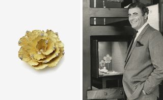 Left, Grima’s ’pencil shavings’ series was a typically witty, fresh and exquisite take on jewellery design. Right, Andrew Grima photographed in the Jermyn Street boutique