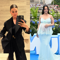 Photo collage featuring a mirror selfie of Selena Gomez and a photo of Rihanna at the Smurfs movie premiere 