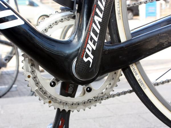 The down tube and chain stays on Specialized's Project Black frame join the bottom bracket lower than on the current Roubaix SL2.