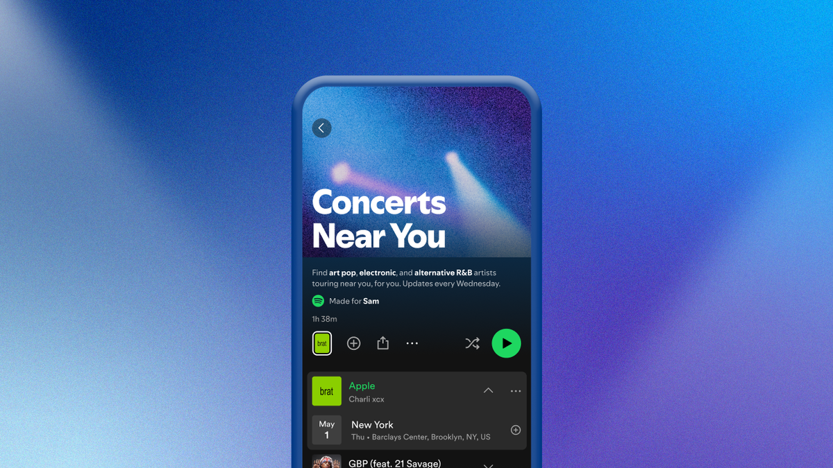 Spotify&#039;s new Concerts Near You playlist feature showing a list of songs by local touring artists 