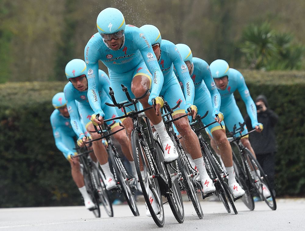 Team Astana Pro Team ride during the Team Time Trial on day one of the tour of 'La Mediterraneenne'