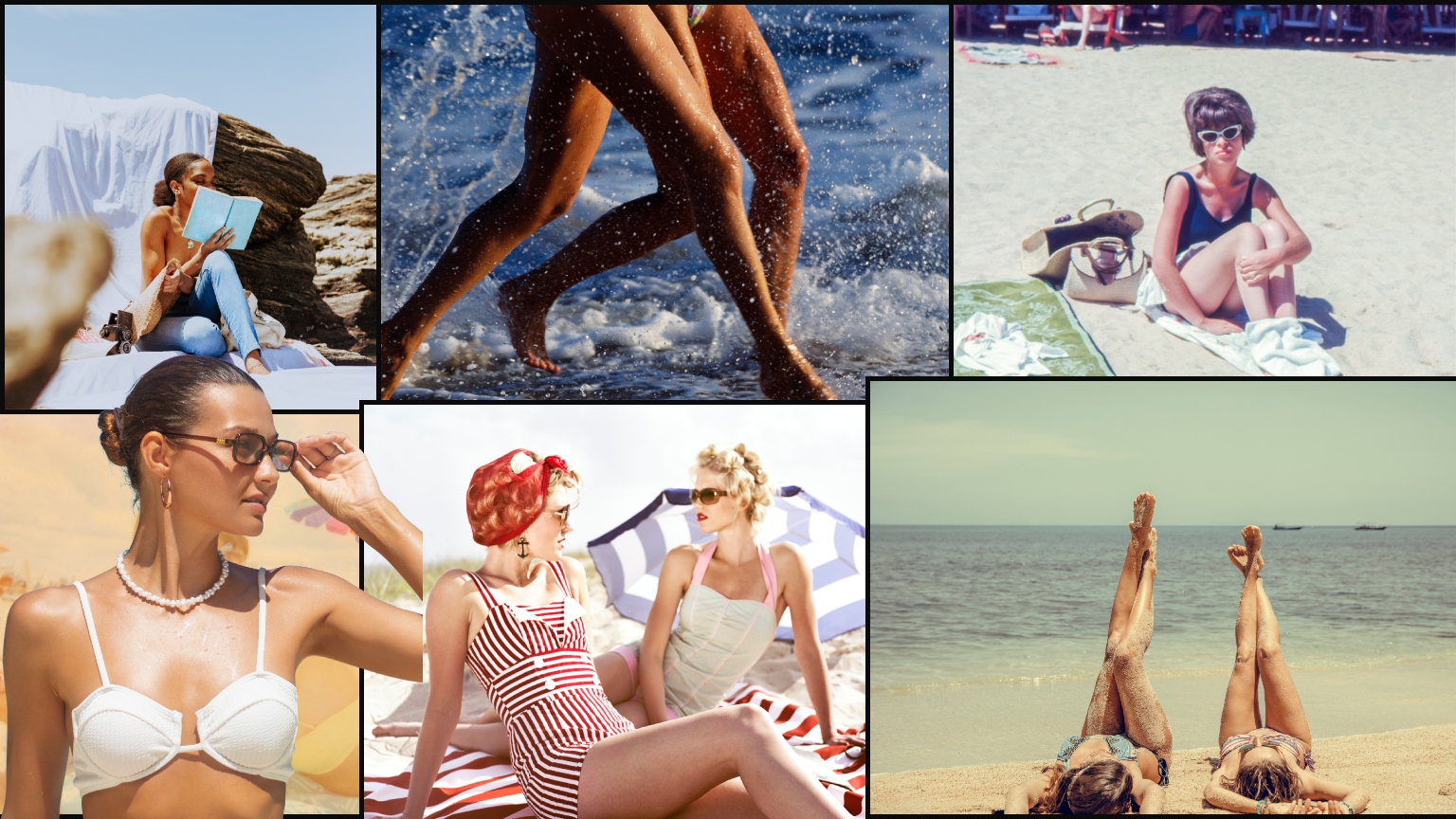 a collage of women at the beach wearing bathing suits in the sunshine at the beach, by the pool, and in the ocean