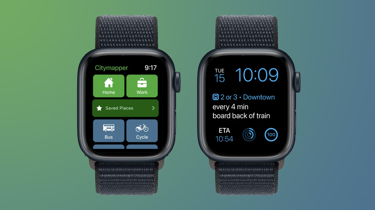Screenshots of the Citymapper app on Apple Watch