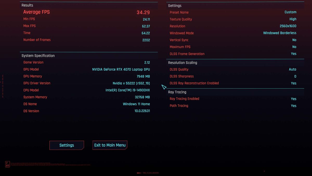 Lenovo Legion Pro 5i (Gen 9) benchmarks: Cyberpunk 2077 with Path Tracing and Ray Reconstruction on.
