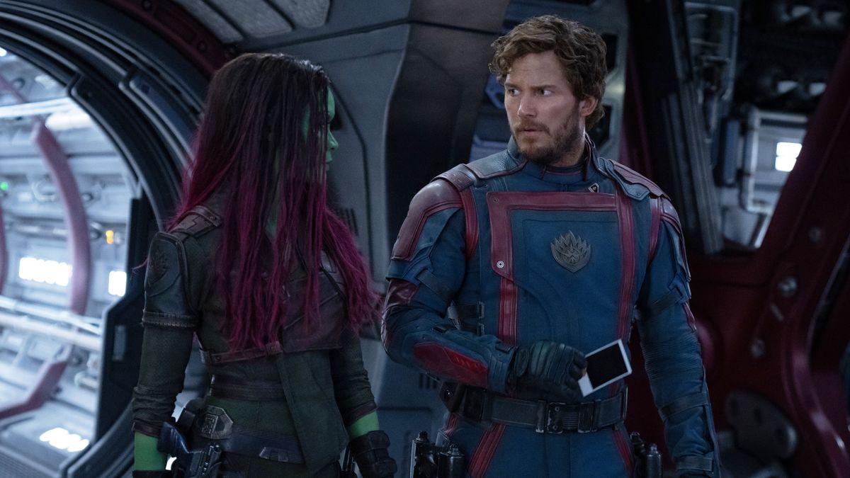 Zoe Saldana as Gamora and Chris Pratt as Peter Quill/Star-Lord in Marvel Studios&#039; Guardians of the Galaxy Vol. 3. 