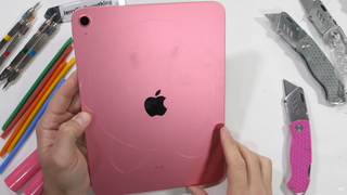The iPad 2022 with an image of Kirby scratched on the back