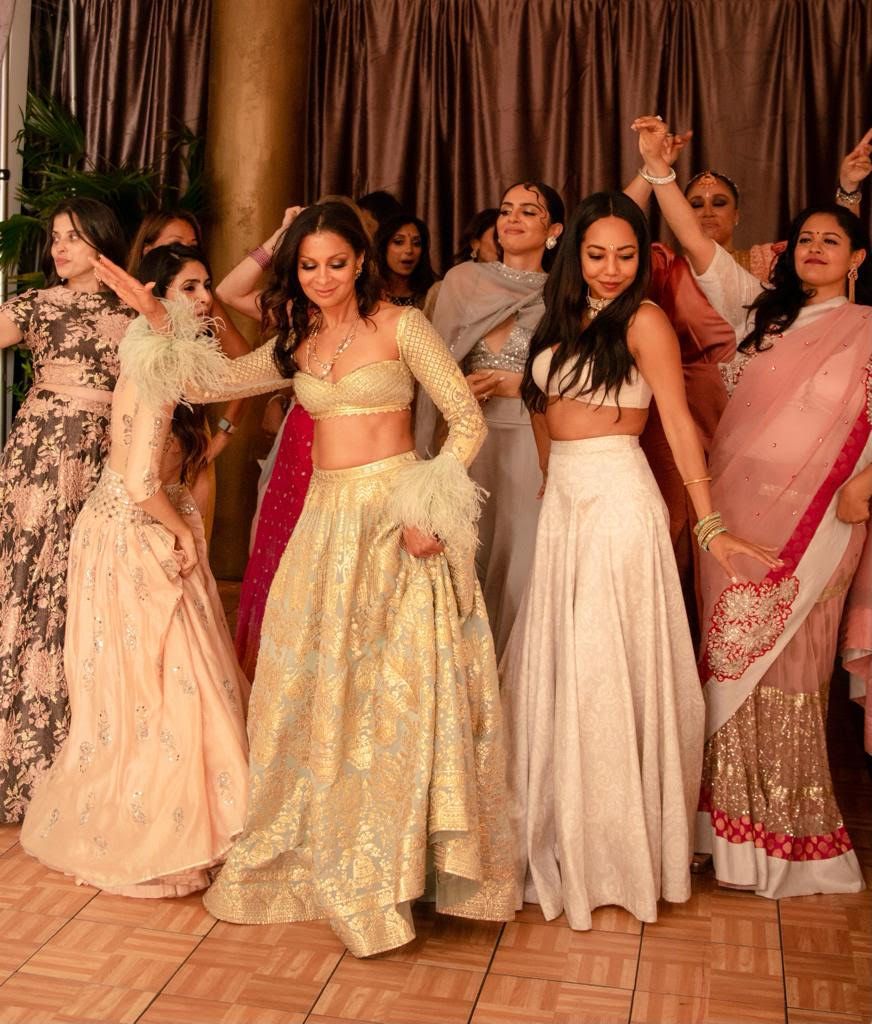 Anjula Acharia wears a Lehenga set from designer Falguni Shane Peacock