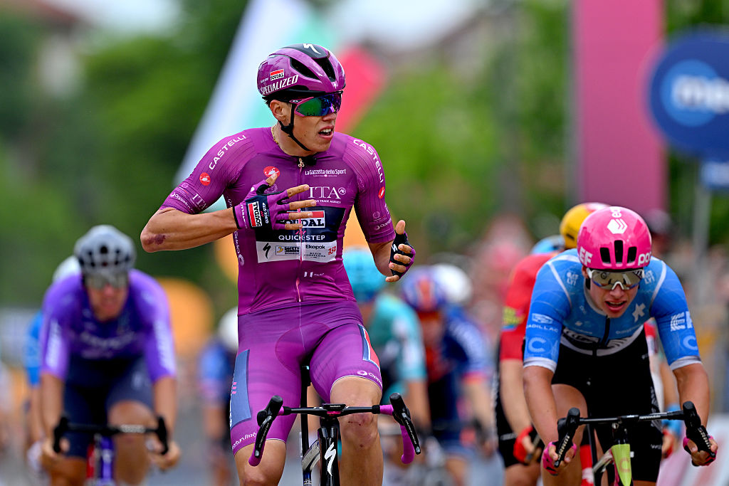 Paul Magnier celebrates in the points jersey