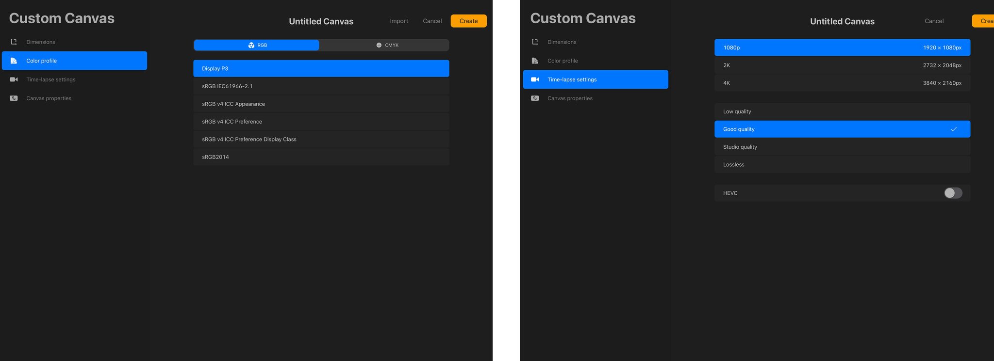 In the Custom Canvas window, you can tap on the Color Profile button to change from RGB and CMYK presets and you can tap on Time-lapse settings button to change the size and quality of the time-lapse recorded video that Procreate records by default.