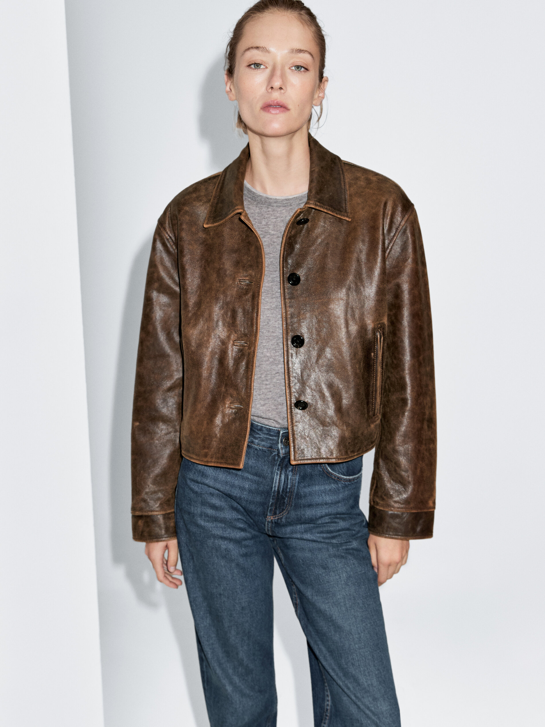 Distressed Effect Nappa Leather Cropped Jacket