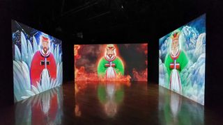 Vivid hues of green, blue, and red shine bright on mythical figures with Christie laser projection in a Korean museum.