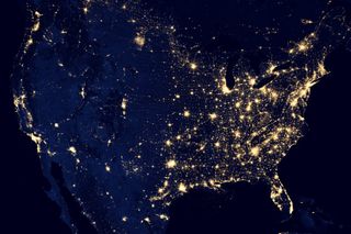 This image of the continental United States at night is a composite assembled from data acquired by the Suomi NPP satellite in April and October 2012.