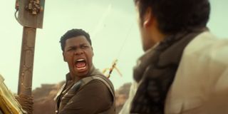 Finn (John Boyega) is surprised to see stormtroopers with jetpacks in Star Wars: The Rise of Skywalk