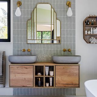 wooden vanity in en suite bathroom