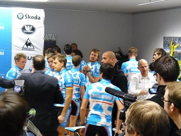 Milram riders mingle with the press at the team launch.